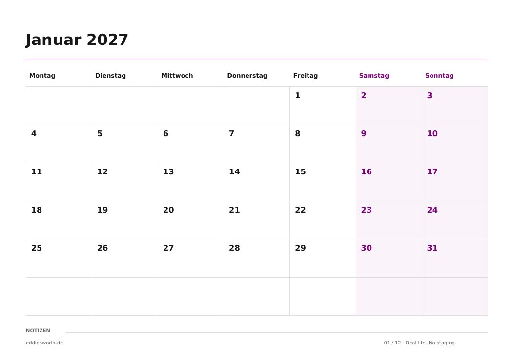 Kalenderseite Januar 2027 mit Notizfeld